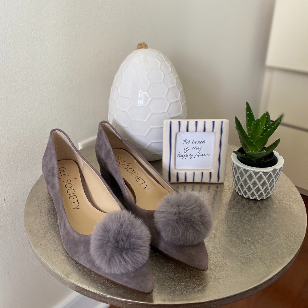 Sole Society Suede Pom Pom Low Heel